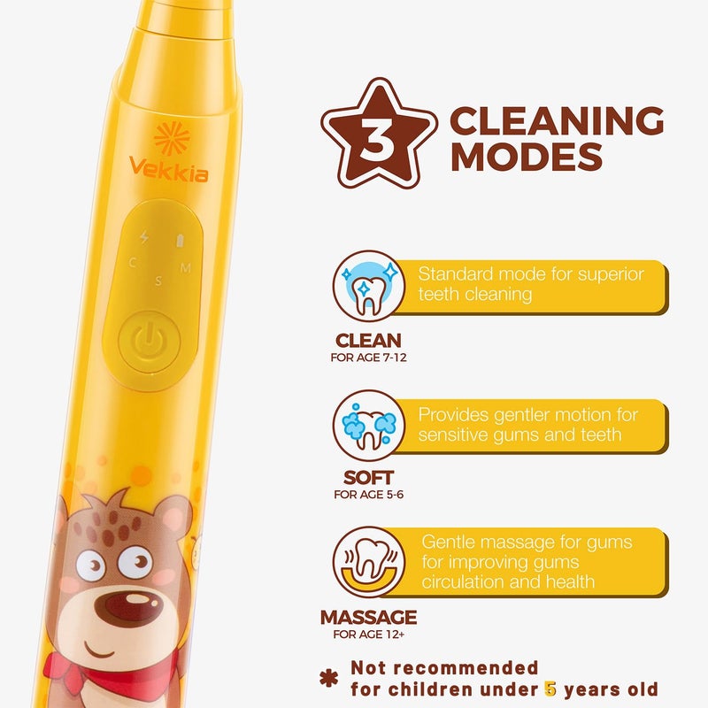 Vekkia Sonic Rechargeable Kids Electric Toothbrush, 3 Modes with Memory, Fun & Easy Cleaning, 24000 Strokes, IPX7 Waterproof, 2-Min Timer for Age 5+, 4 Soft Bristles(Yellow) - Image 3